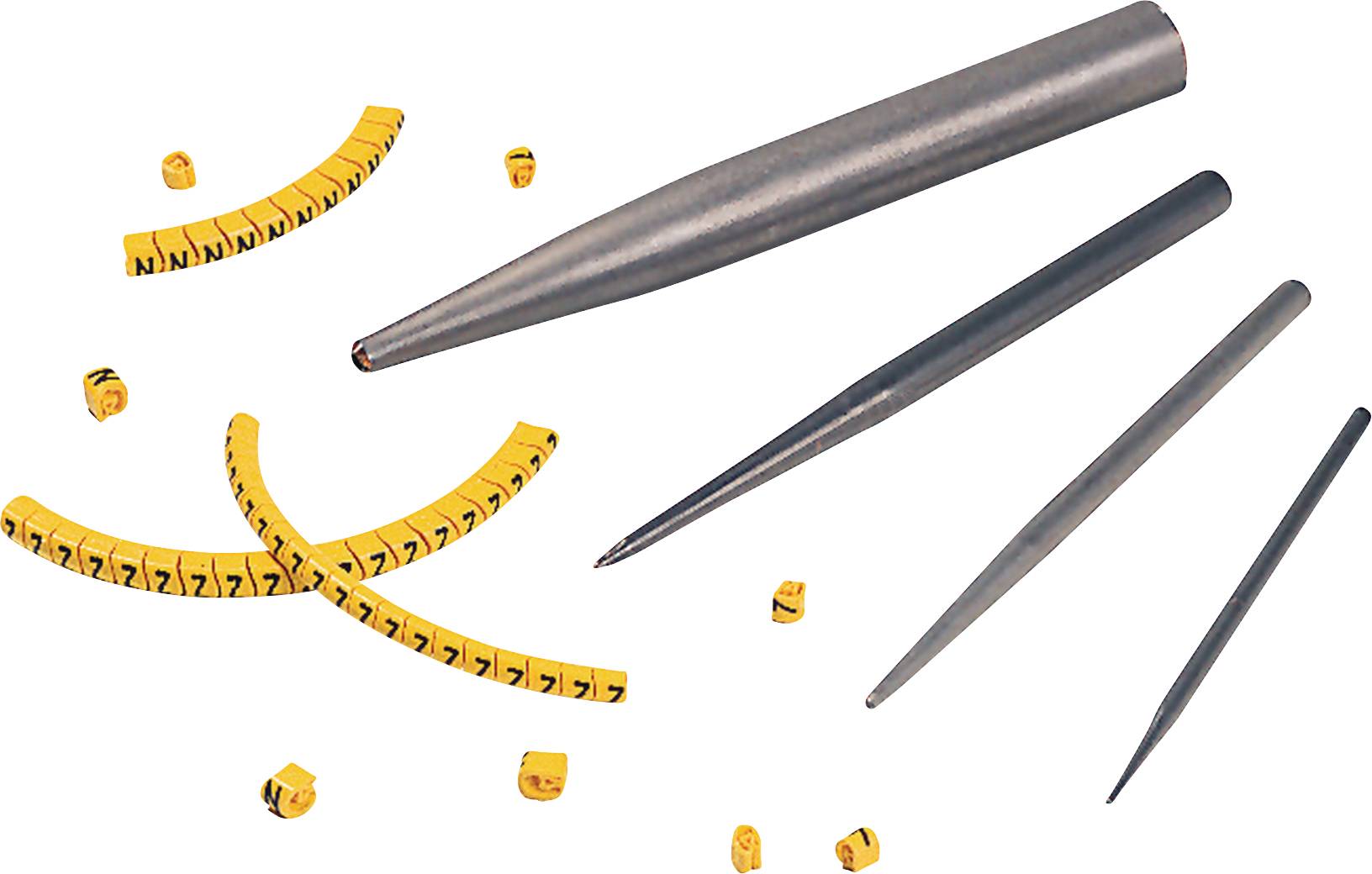 Pens of various sizes are scattered alongside yellow cable markers printed with black numbers.