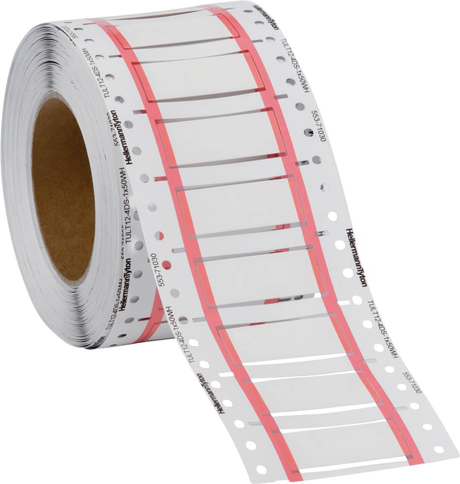 A roll of continuous labels with die-cut holes along the edge and red-marked areas.