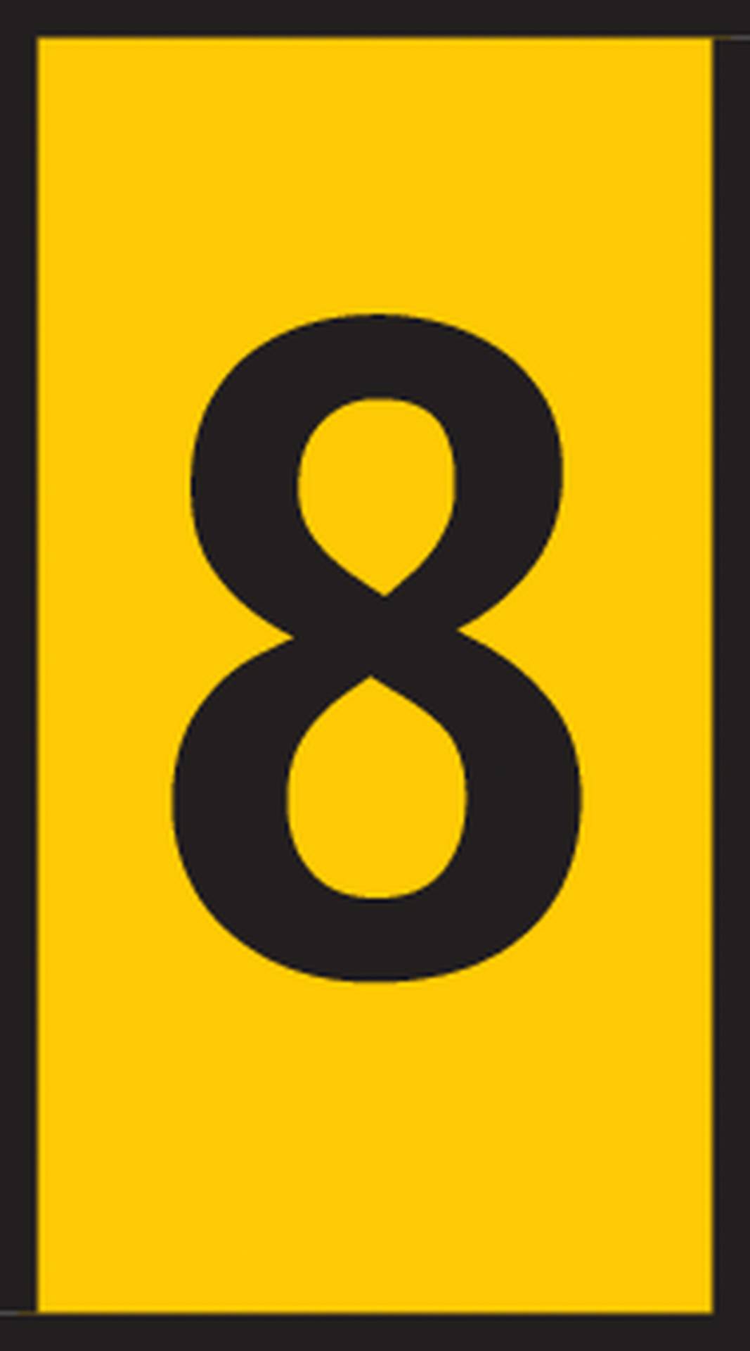 The image shows the black number '8' on a yellow background.