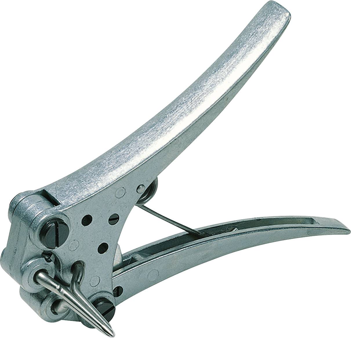 A silver tool with a curved handle used for removing staples.