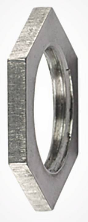 Metallic, hexagonal hex lock nut viewed from the side.