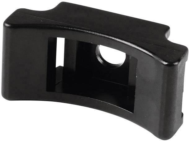 Black plastic part with a rectangular opening and a round hole in the centre. Potential component of a larger device.