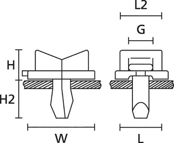 Technical drawing of a mounting clip with dimensions: width (W), height (H, H2), length (L), spacing (G, L2). Side view and front view.