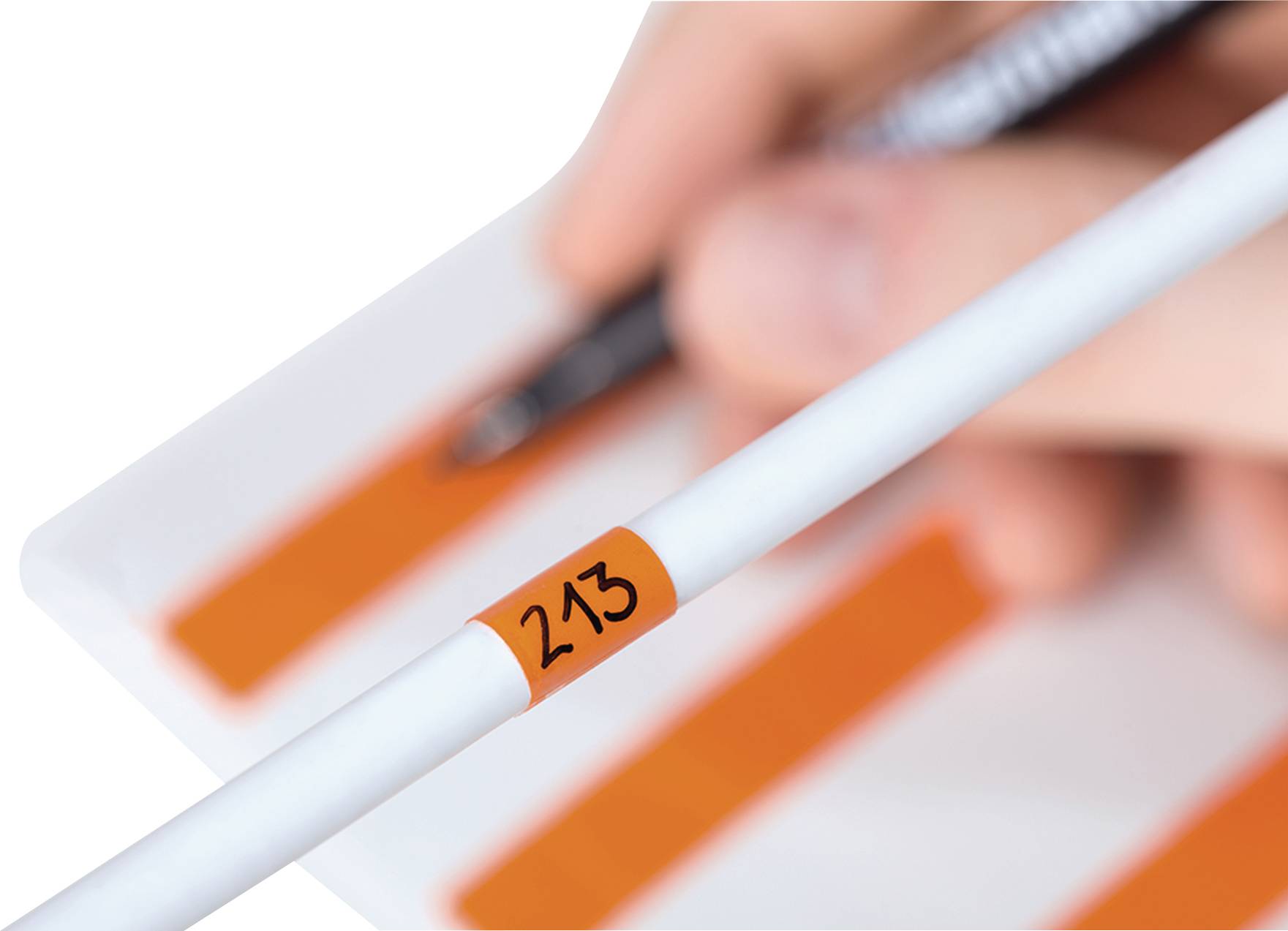 Close-up of a white pole with the number '213', a hand writing with a pen on a form in the background.