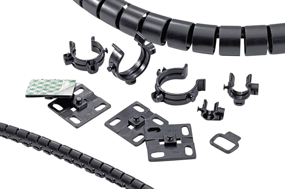 Black cable clips and cable protection around a flexible plastic tube, showing various mounting options.