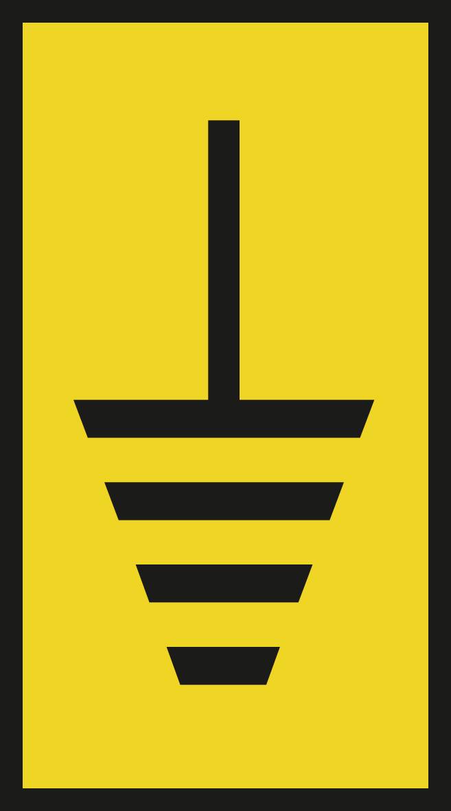 'Earth' symbol on a yellow background, used to denote earth/ground connections in electrical circuits.
