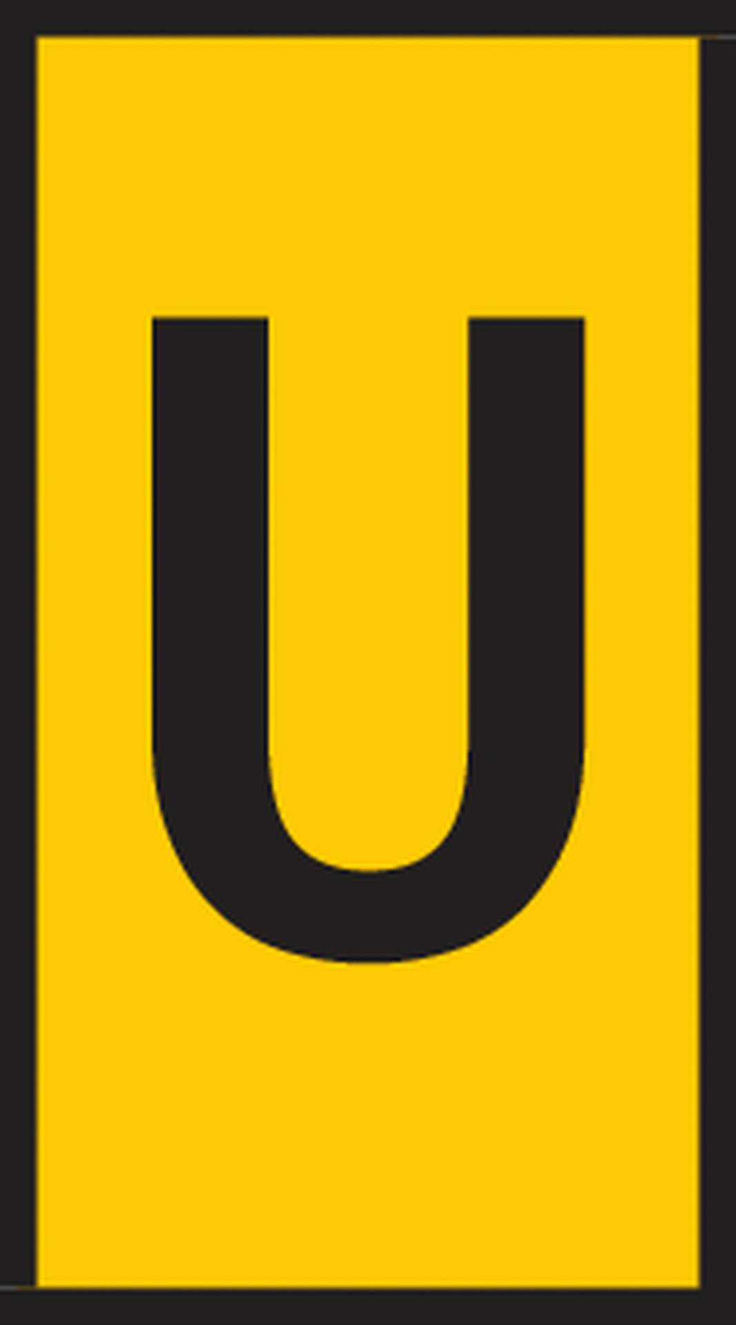 Yellow rectangular sign with a large black letter 'U' in the centre.