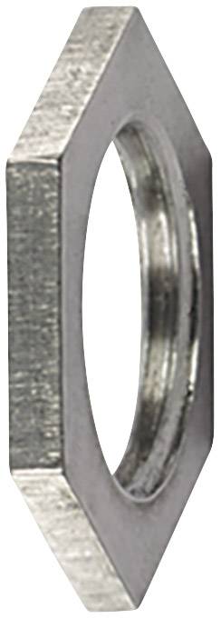 Metal hexagonal nut viewed from the side, showing the shape and material of the nut.