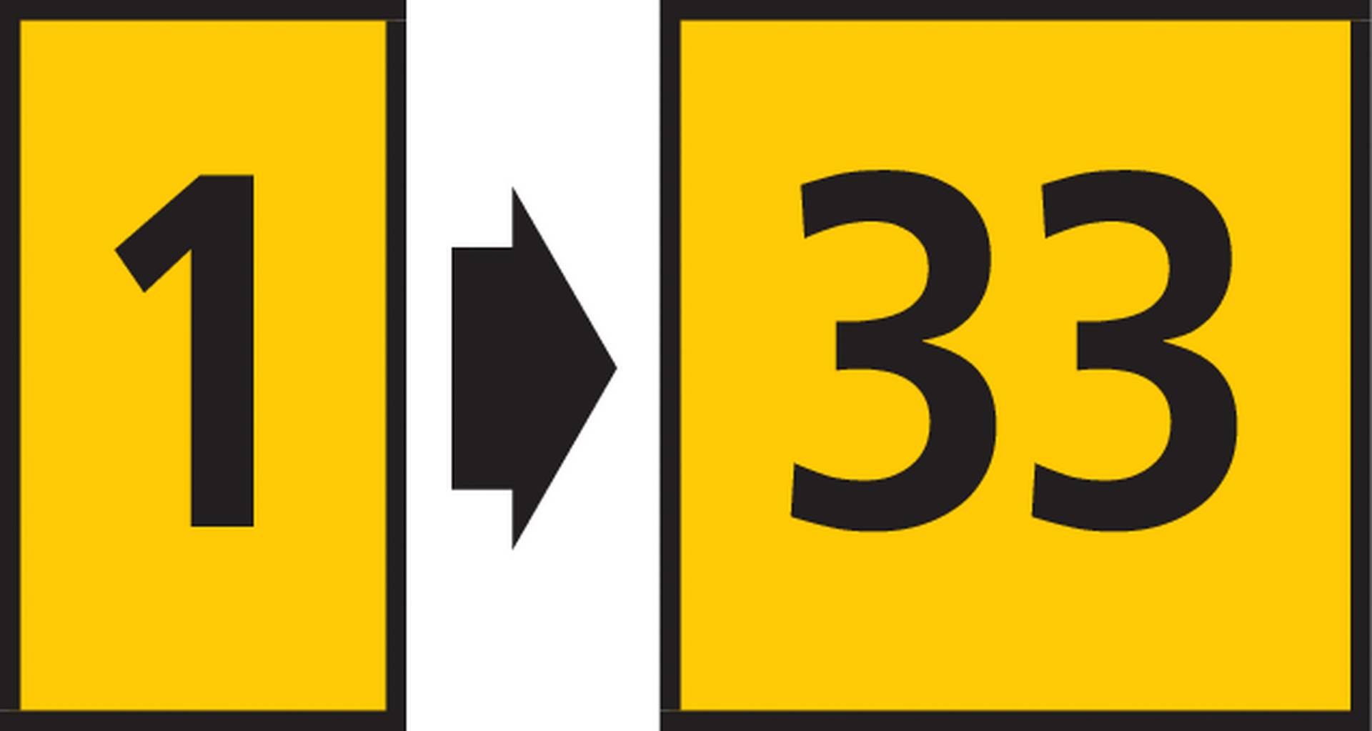 Yellow sign with black numbers '1' and '33', with a black arrow pointing to the right between them.