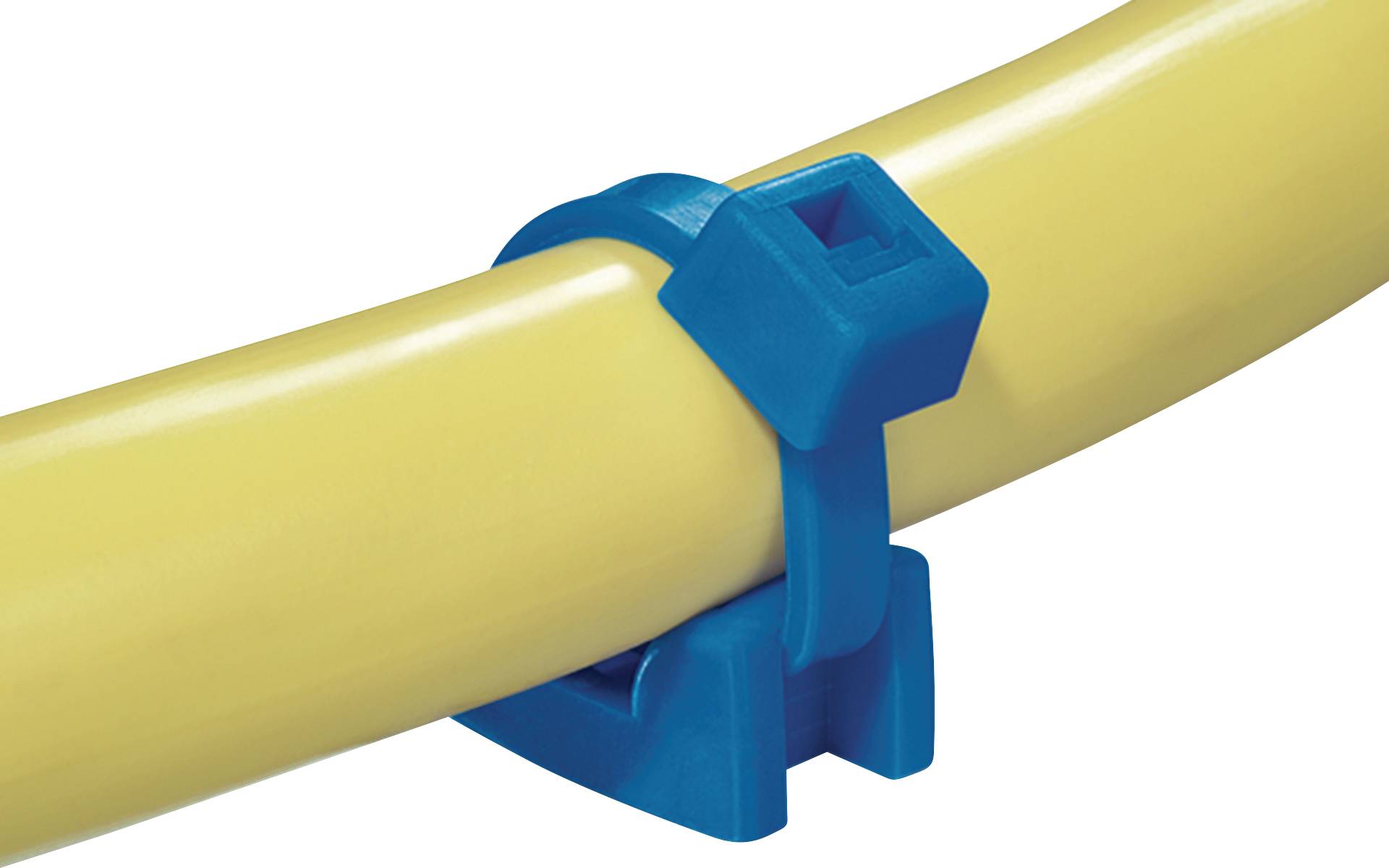 A blue plastic clamp secures a yellow pipe. The component ensures stability and secure attachment of the pipe.