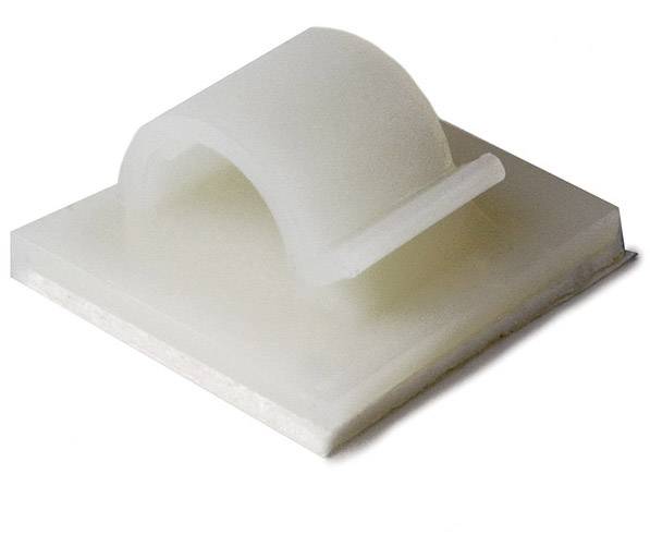 A white plastic cable clip with a self-adhesive base, viewed from above. Suitable for securing cables on smooth surfaces.