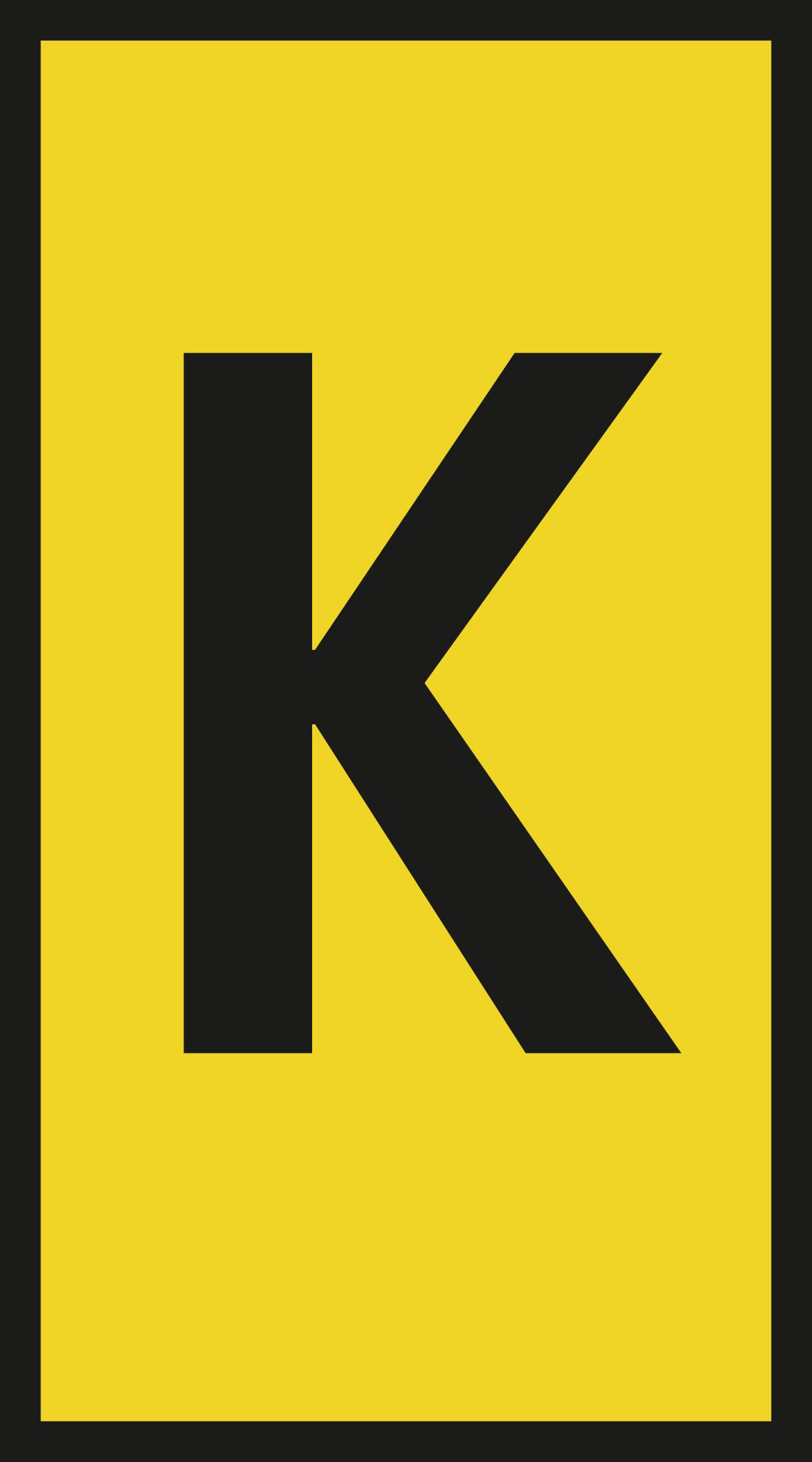 Capital letter 'K' in black writing on a yellow background.