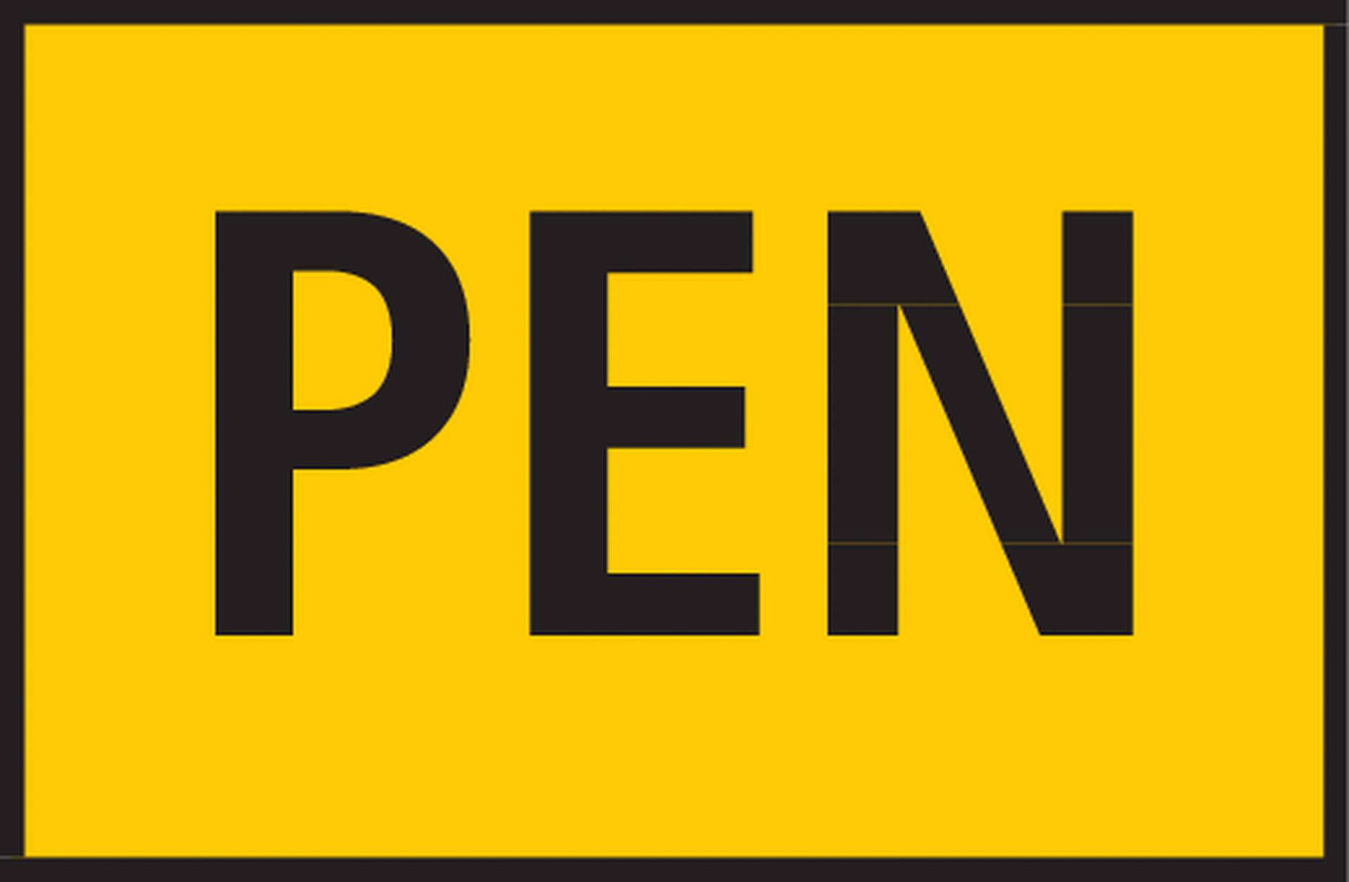 The yellow background displays the word 'PEN' in large black letters.