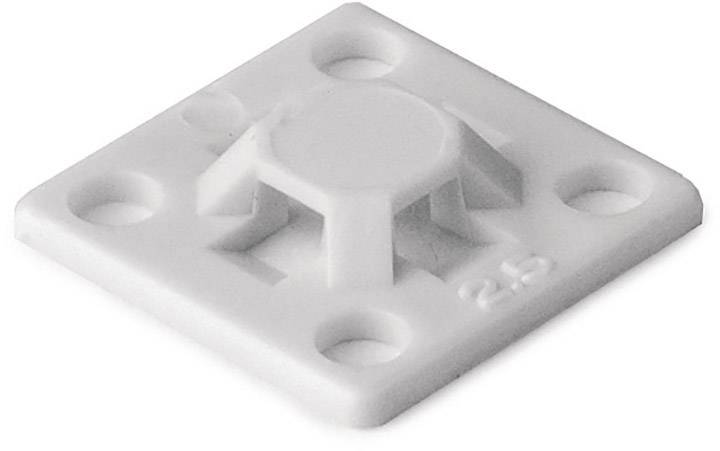 White plastic cable tie holder in a square shape with a central support bar for attachment and four mounting holes in the corners.
