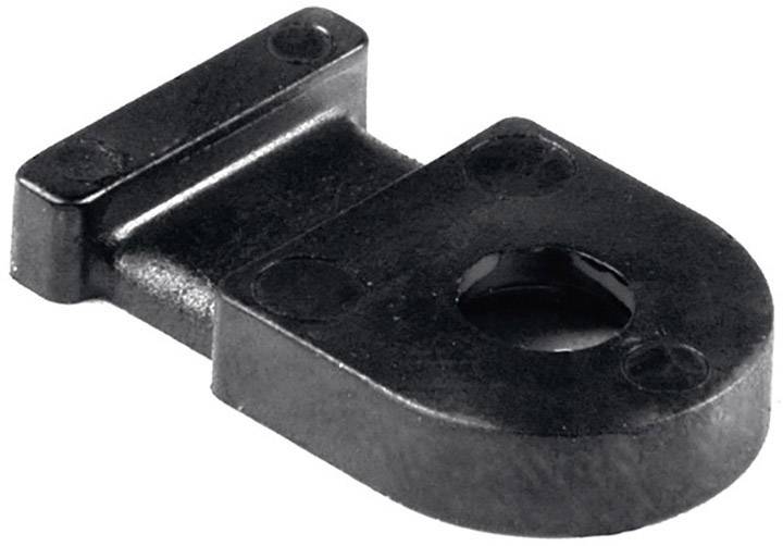 A metallic hook made of black material with a circular opening and two fixing holes, visible from the side.