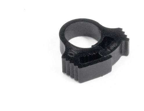 A black plastic component with a circular opening and serrated edge, which may serve as a fastening element.