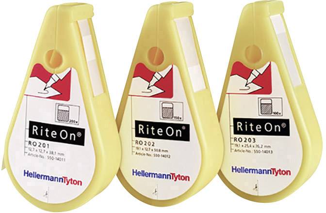 Three yellow label dispensers with the inscription 'RiteOn'. Each unit displays symbols for labelling cables.