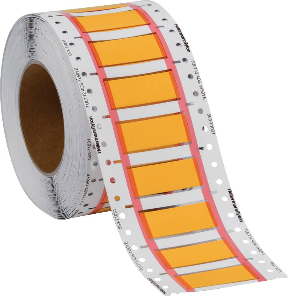 A roll of self-adhesive, rectangular labels in white and orange, die-cut for easy removal.