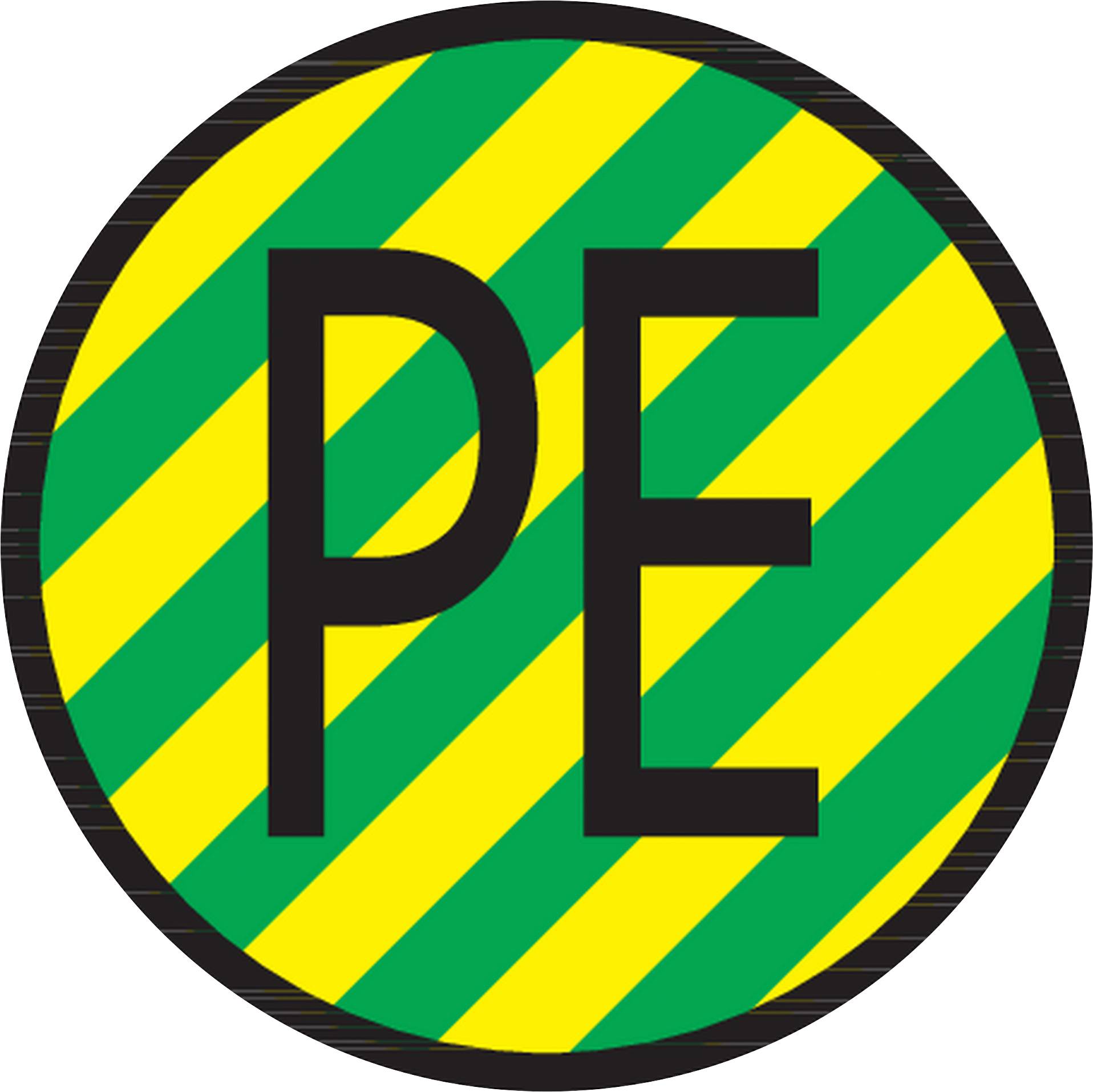 A circle with yellow-green diagonal stripes and the black letters 