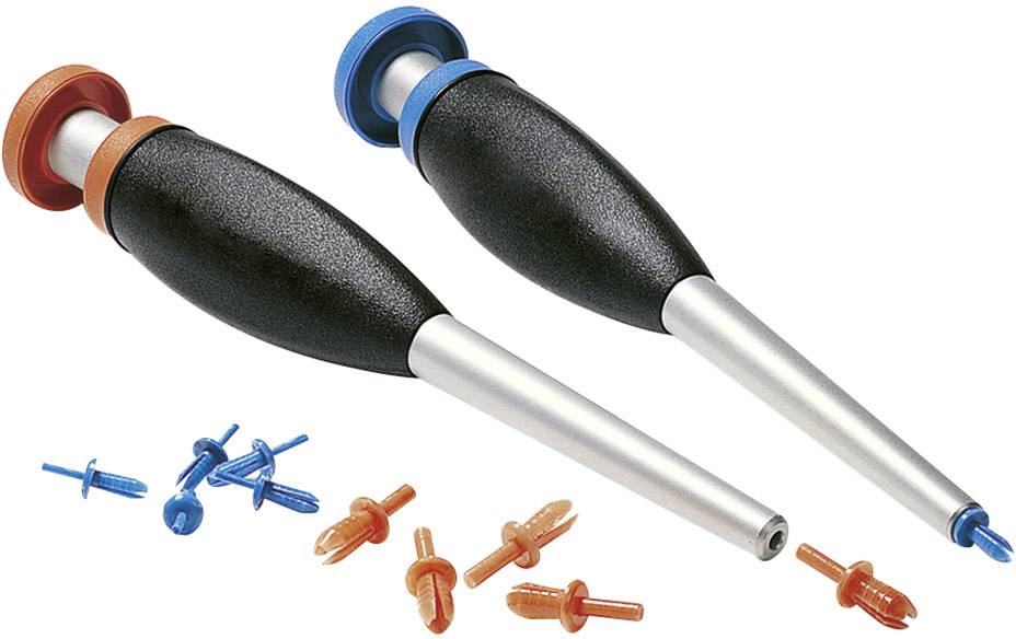 Two manual air inflators with interchangeable valves in red and blue, suitable for tyres or inflatable objects.
