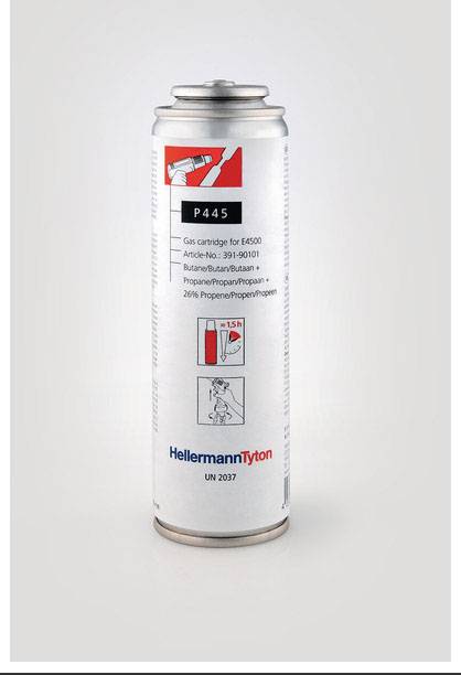 Gas cartridge marked 'P445'. Contains butane and propene, suitable for E4500. Brand: HellermannTyton, UN 2037.
