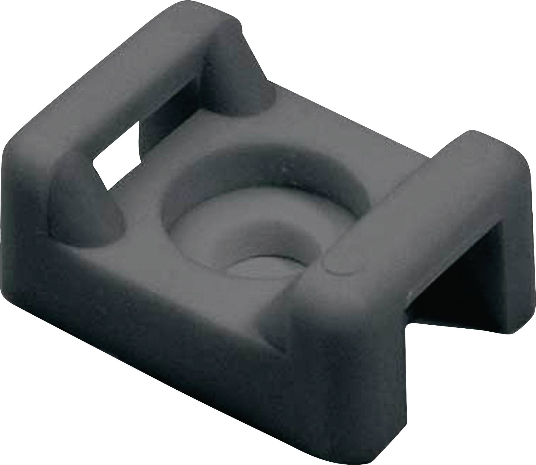 Black, rectangular plastic clip with a circular recess in the centre, possibly for securing or supporting an object.