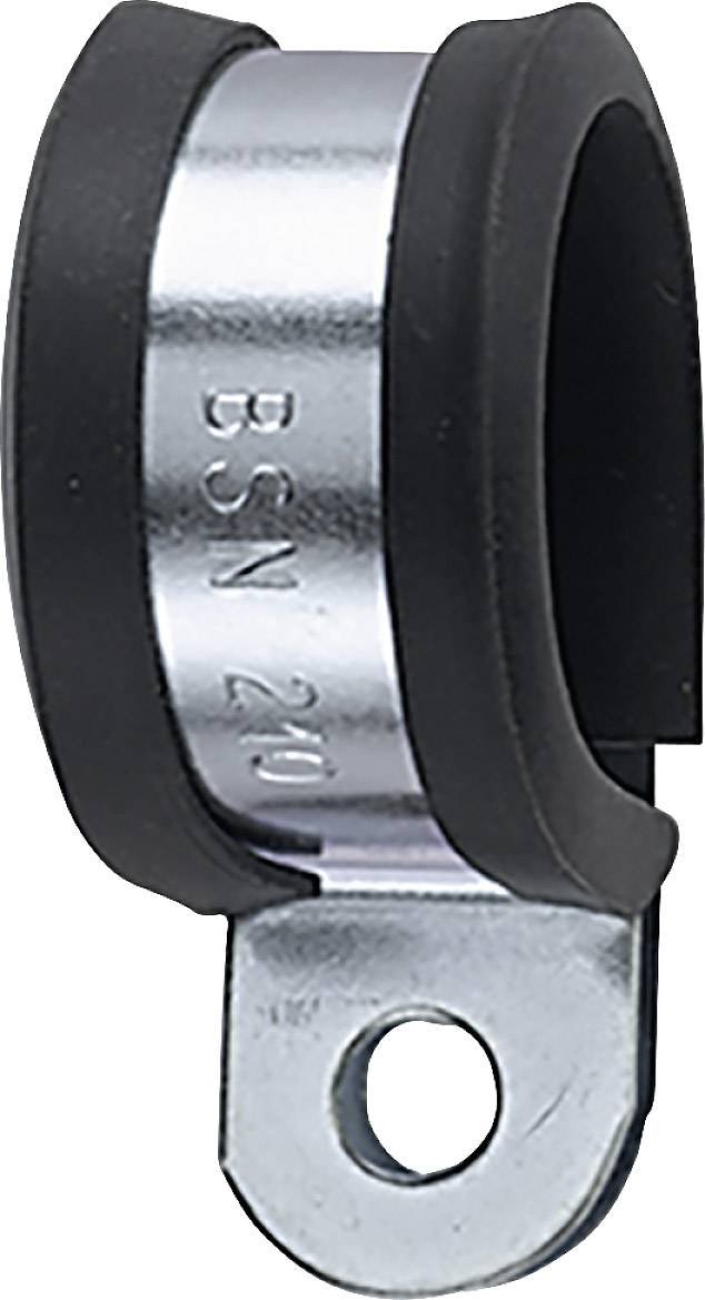 Metal clip with rubber lining for cable fixation, silver and black, provides secure grip and protection against damage.