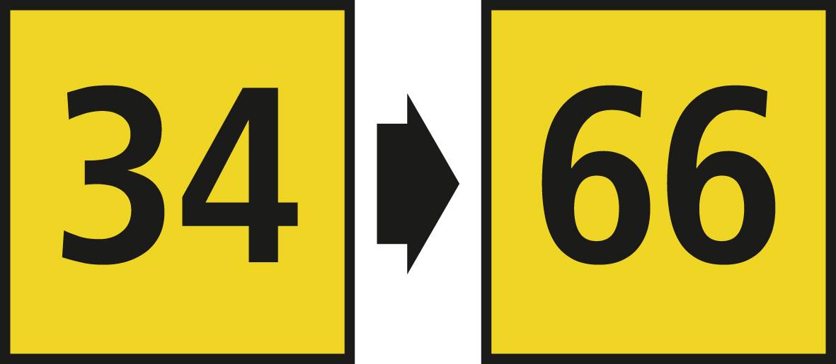 Yellow sign with two numbers: '34' on the left and '66' on the right, with a black arrow pointing to the right between them.