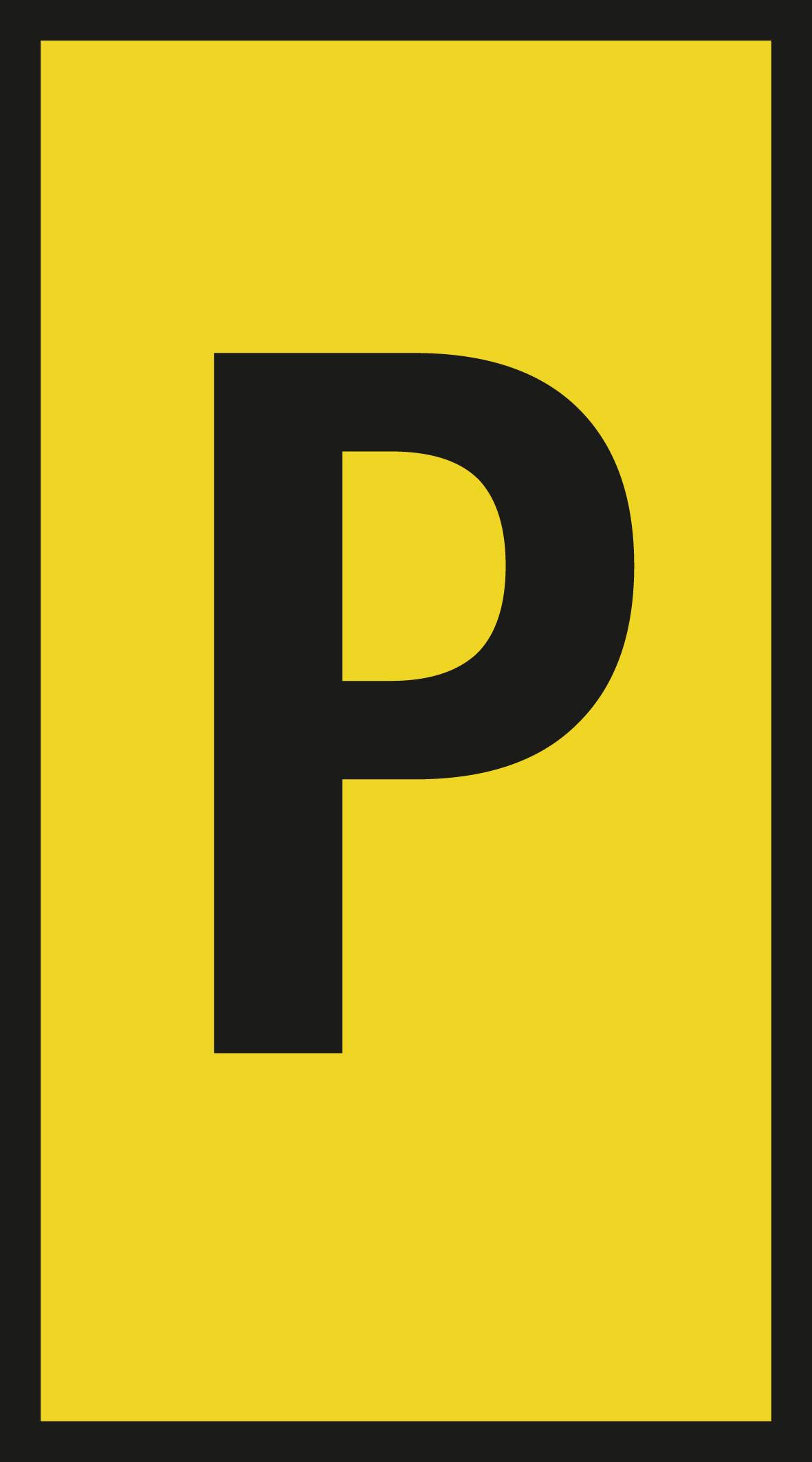 The image shows a rectangular yellow sign with a large black letter 'P', indicating parking.