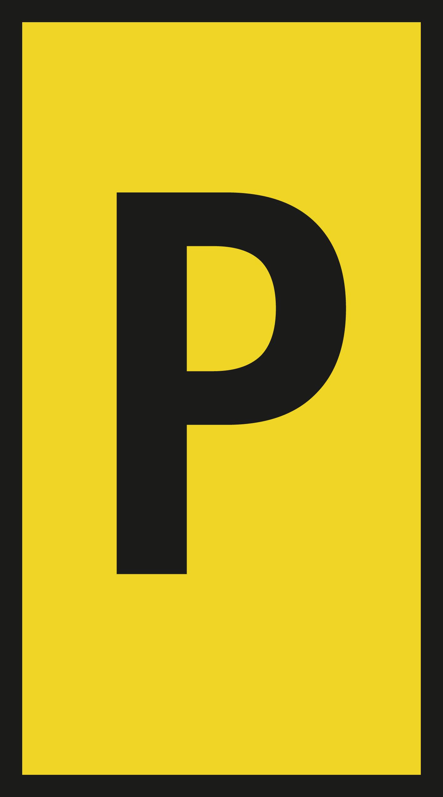 Yellow sign with a large black letter 'P' indicating a car park.