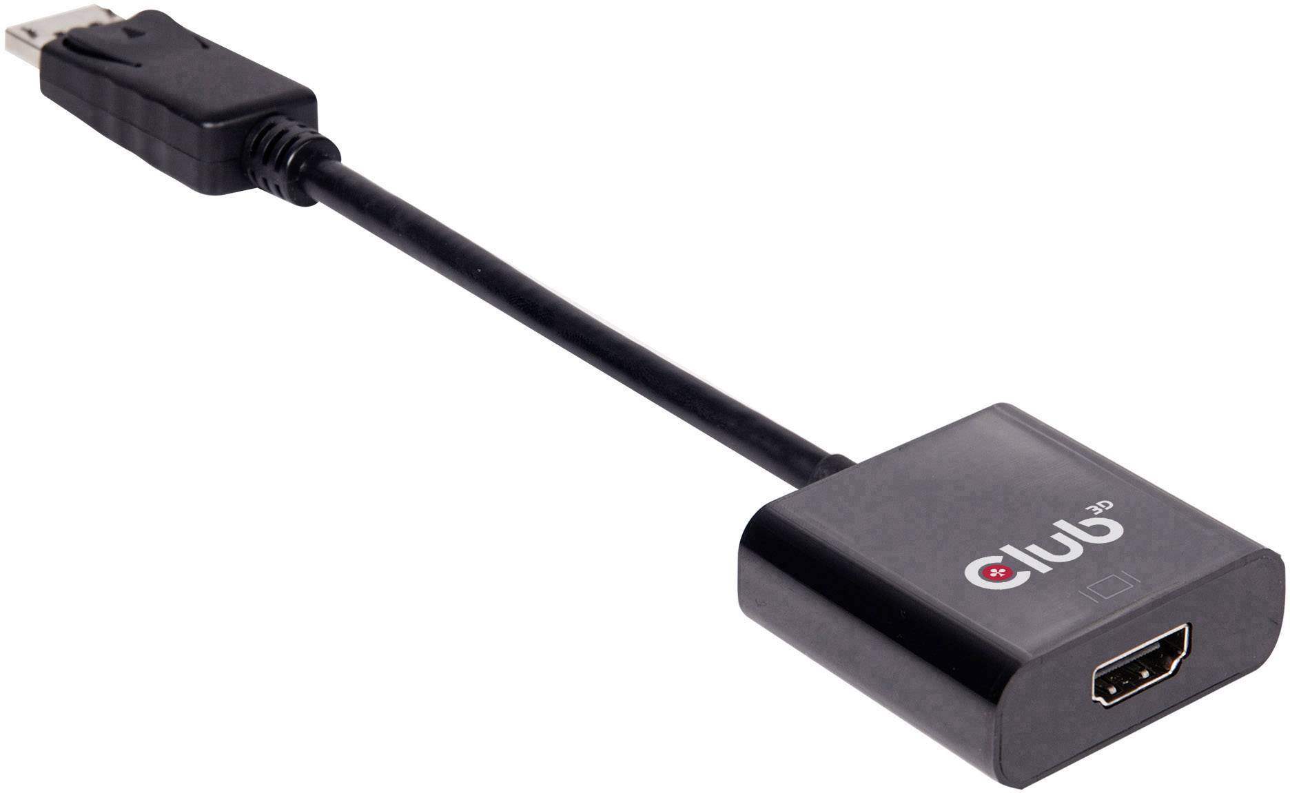 A black adapter with a DisplayPort plug on one side and an HDMI socket on the other.