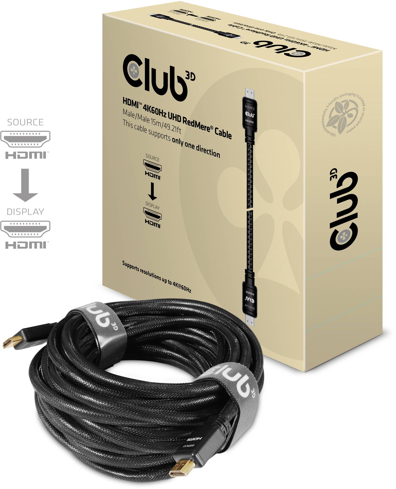 Club 3D HDMI 4K60Hz Cable with 21 Metres Length, supports UHD, optimal for HDMI connections from source to display in one direction.
