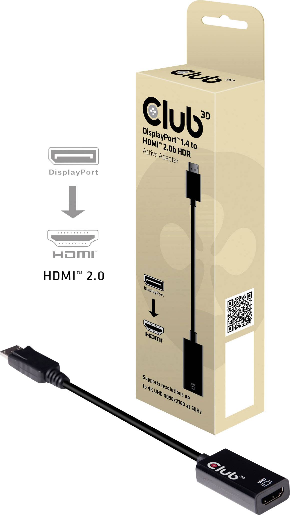 DisplayPort 1.4 to HDMI 2.0b adapter, shown with packaging and cable with connectors. Supports 4K UHD and HDR.