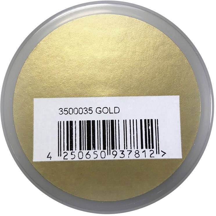 A round object with a golden sticker displays a barcode and the text '3500035 GOLD'.