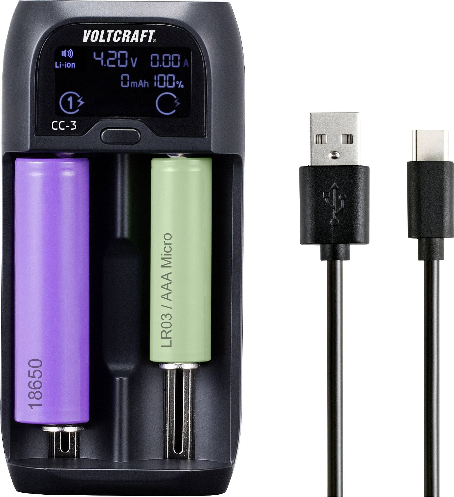 Battery charger with two rechargeable batteries: one purple, one green. Charging indicator shows 'Li-ion 4.20V 00A 00Ah 100%'. USB cable beside it.