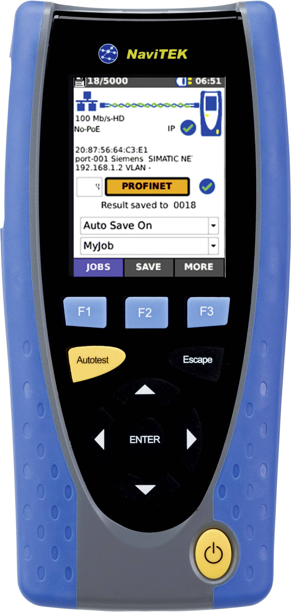 Handheld device with screen displays network analysis results. Control buttons present. Text 'PROFINET' and details of network connection.