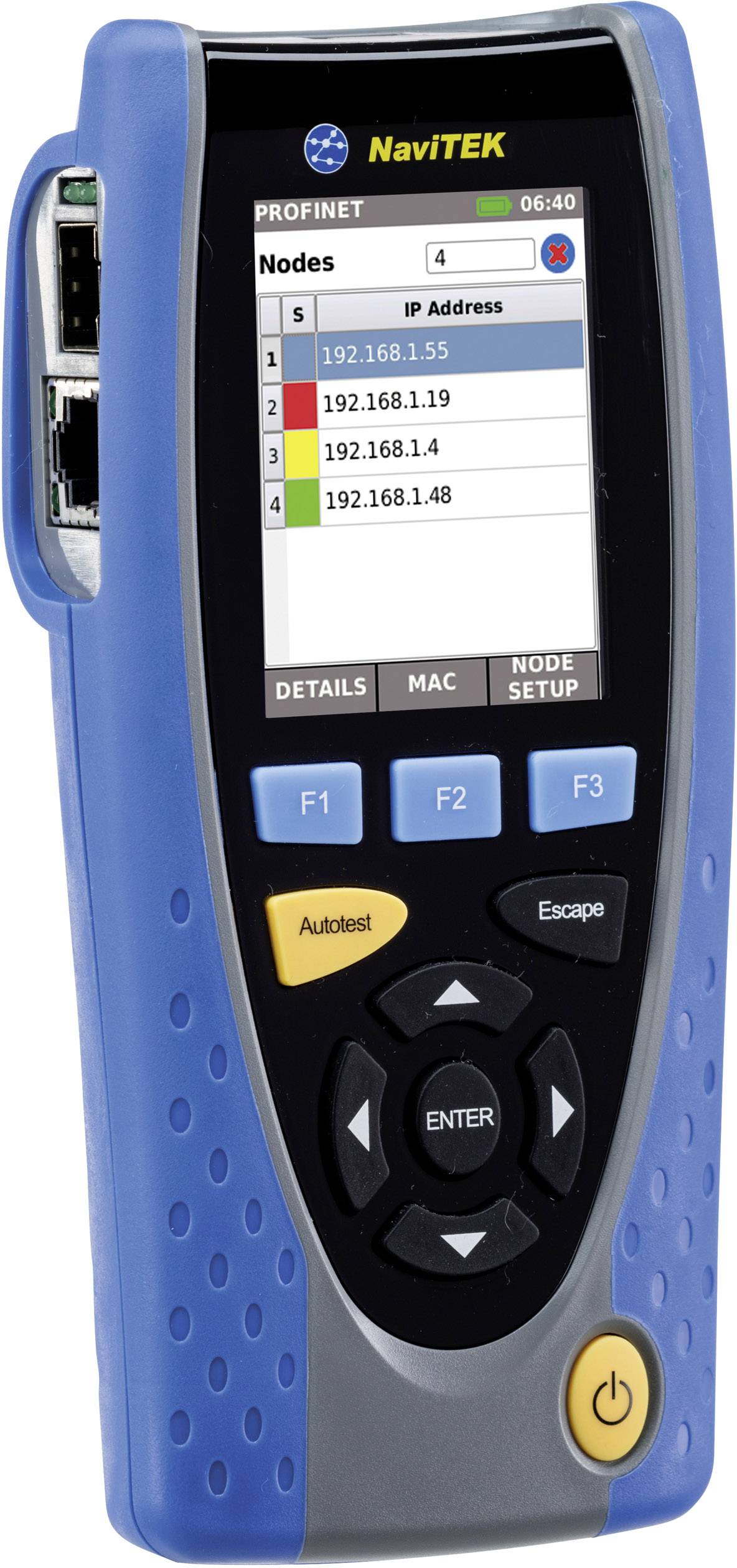 Handheld network tester with a display showing a list of node addresses in different colours. Device has controls underneath.