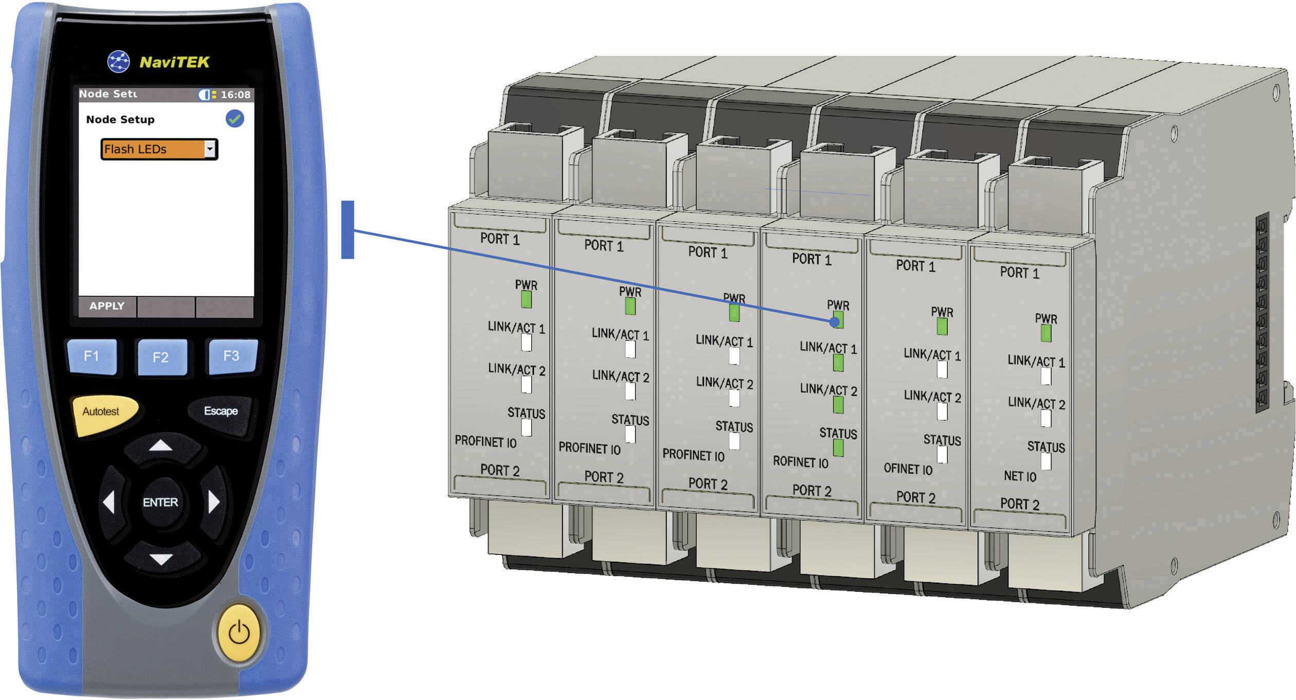 Handheld network tester with screen to the left, next to an eight-port network switch on the right; connection with 'Port 1' highlighted.