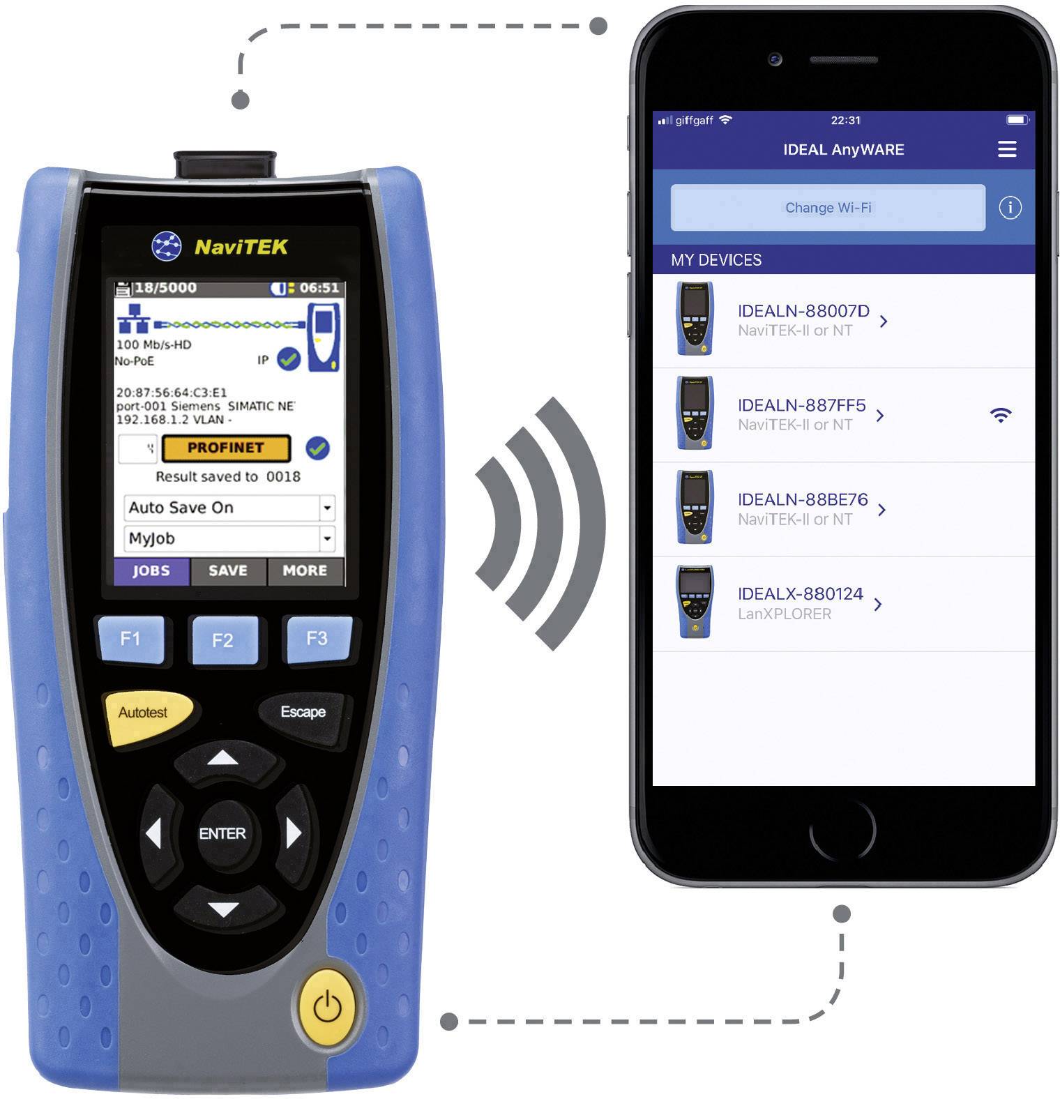 A cable tester displays a test report with date and time. Beside it, a smartphone shows device connections over Wi-Fi.