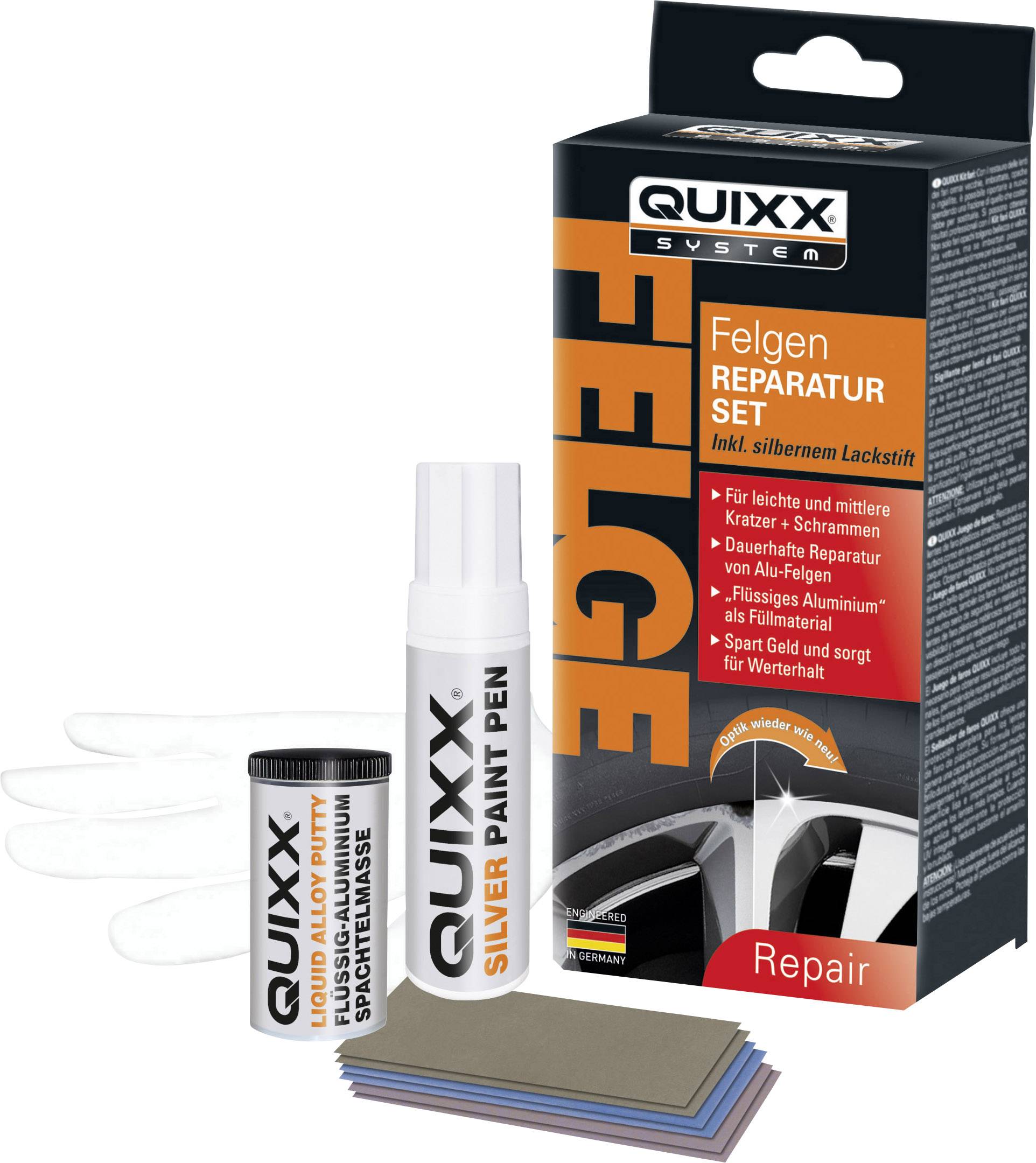 'Wheel Rim Repair Kit' by QUIXX for repairing and painting wheel rims. Includes paint pen, sandpaper and repair compound.
