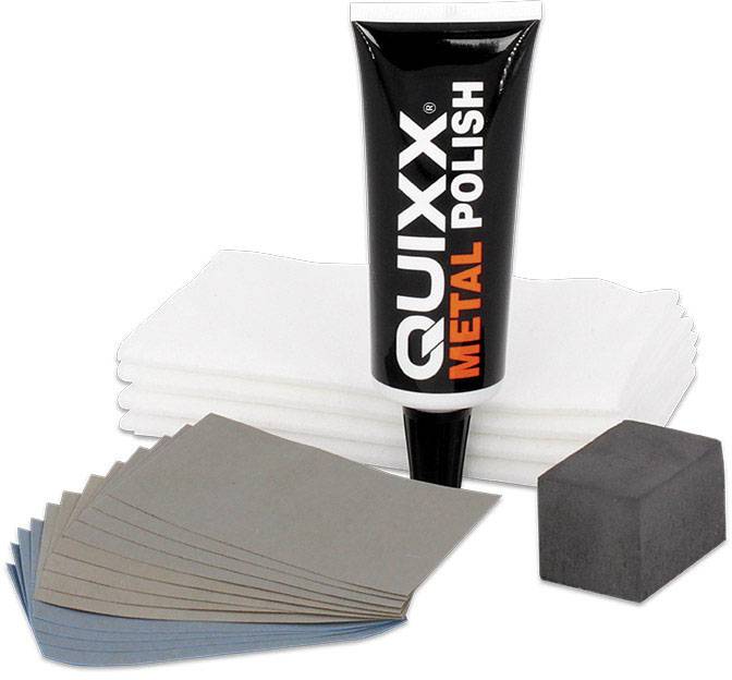 'QUIXX Metal Polish' Set, consisting of polish, sandpaper and cloths for metal repair and maintenance.