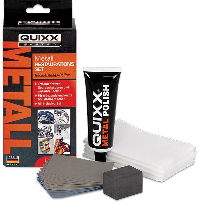 'QUIXX Metal Polish': Kit for metal restoration with polish, sanding pads and cloth. Removes scratches and cleans metal surfaces.