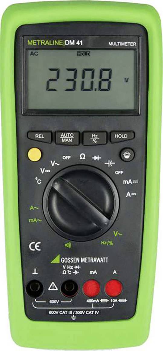 Multimeter with a green frame, displaying 'AC 230.8' on the screen. Various measurement functions and buttons underneath.