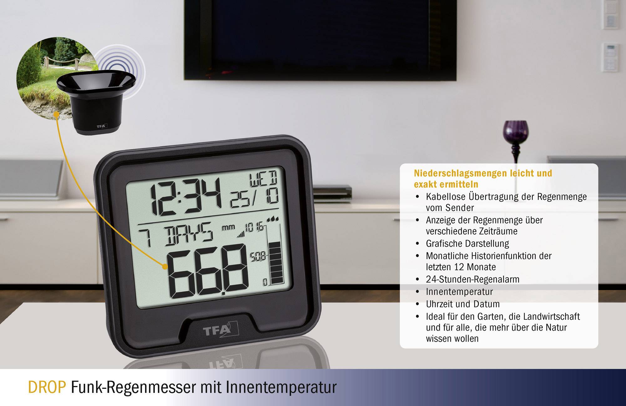 'DROP Funk Weather Gauge with Indoor Temperature' displays time, date, rainfall amounts and indoor temperature on a single display.