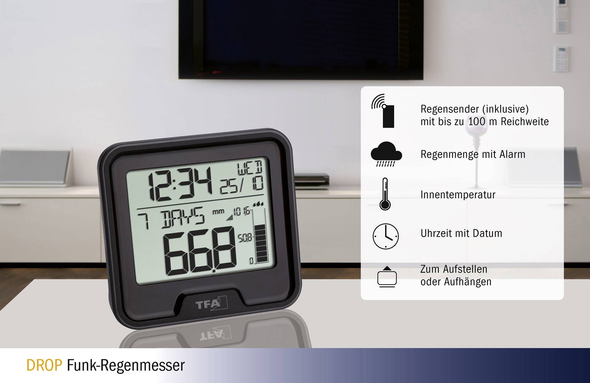 Digital Radio-Controlled Rain Gauge Displays Time and Temperature. The device describes its range, rainfall amount with alarm, and mounting options.