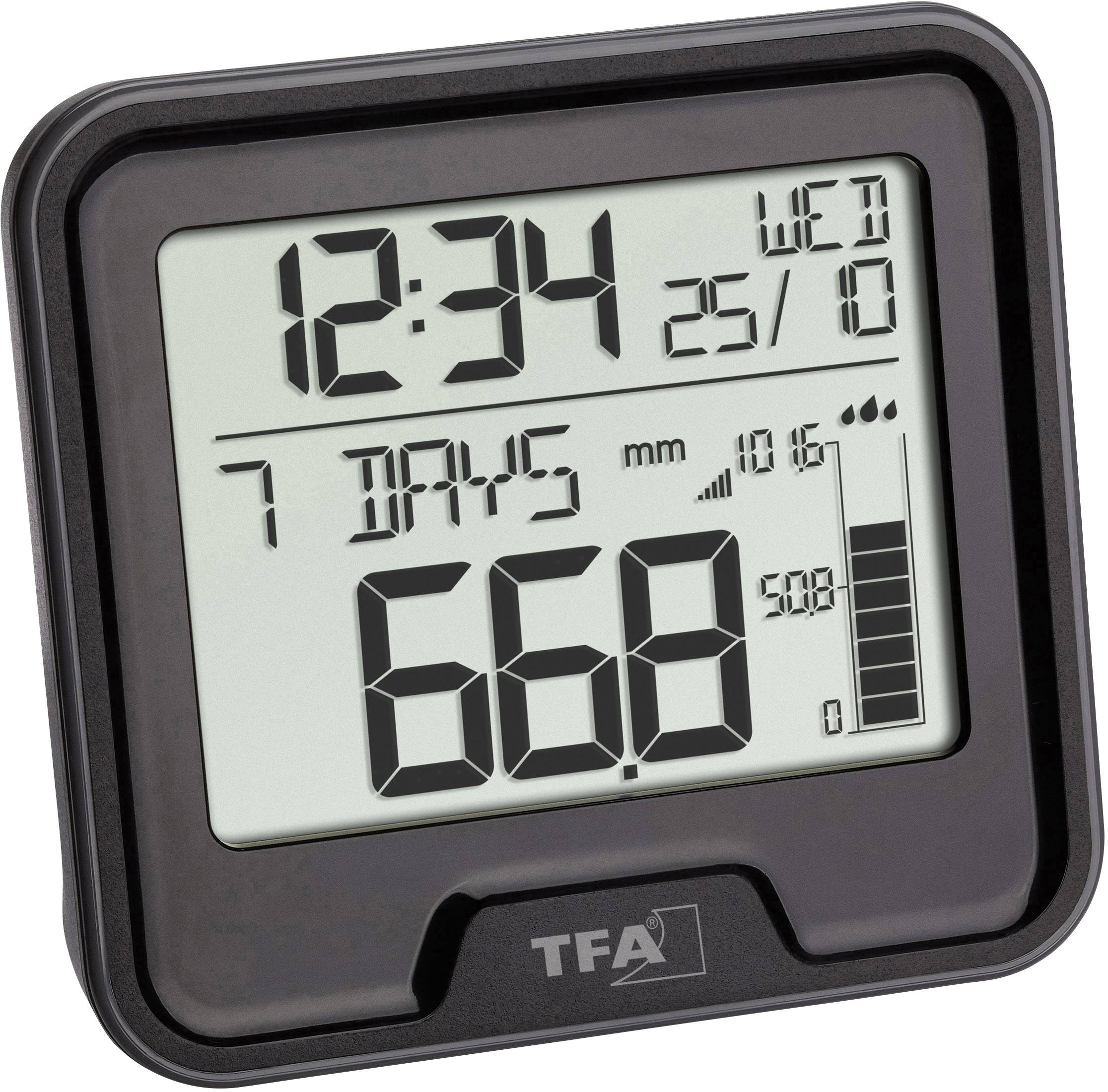 Digital stopwatch with large display showing '12:34', 7-day counting and other measurement scales. TFA logo at the bottom.