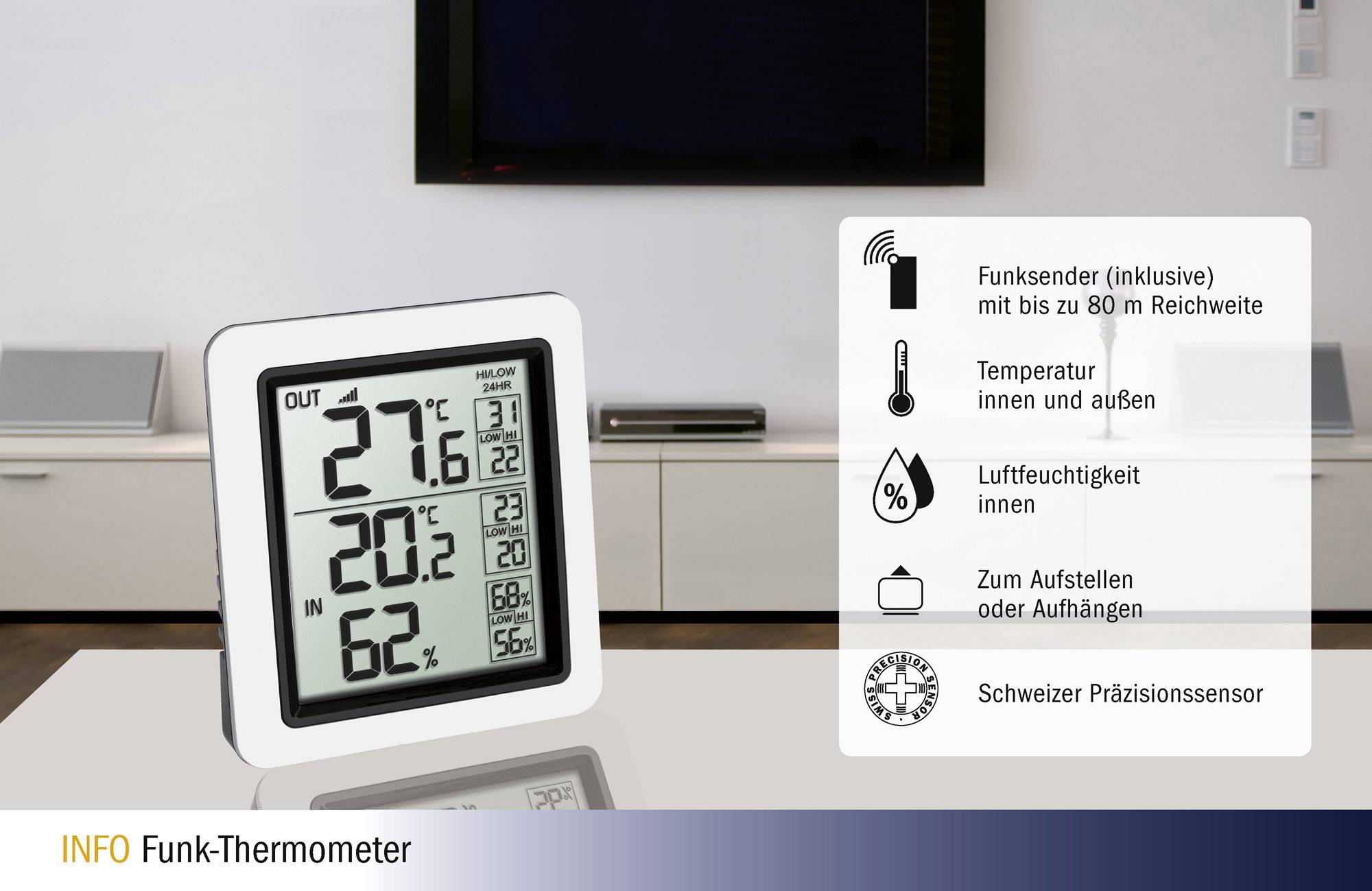 A digital thermometer displays '27°C outside', '20°C inside', '62% humidity'. Details: Wireless, range 80m, precision sensor.