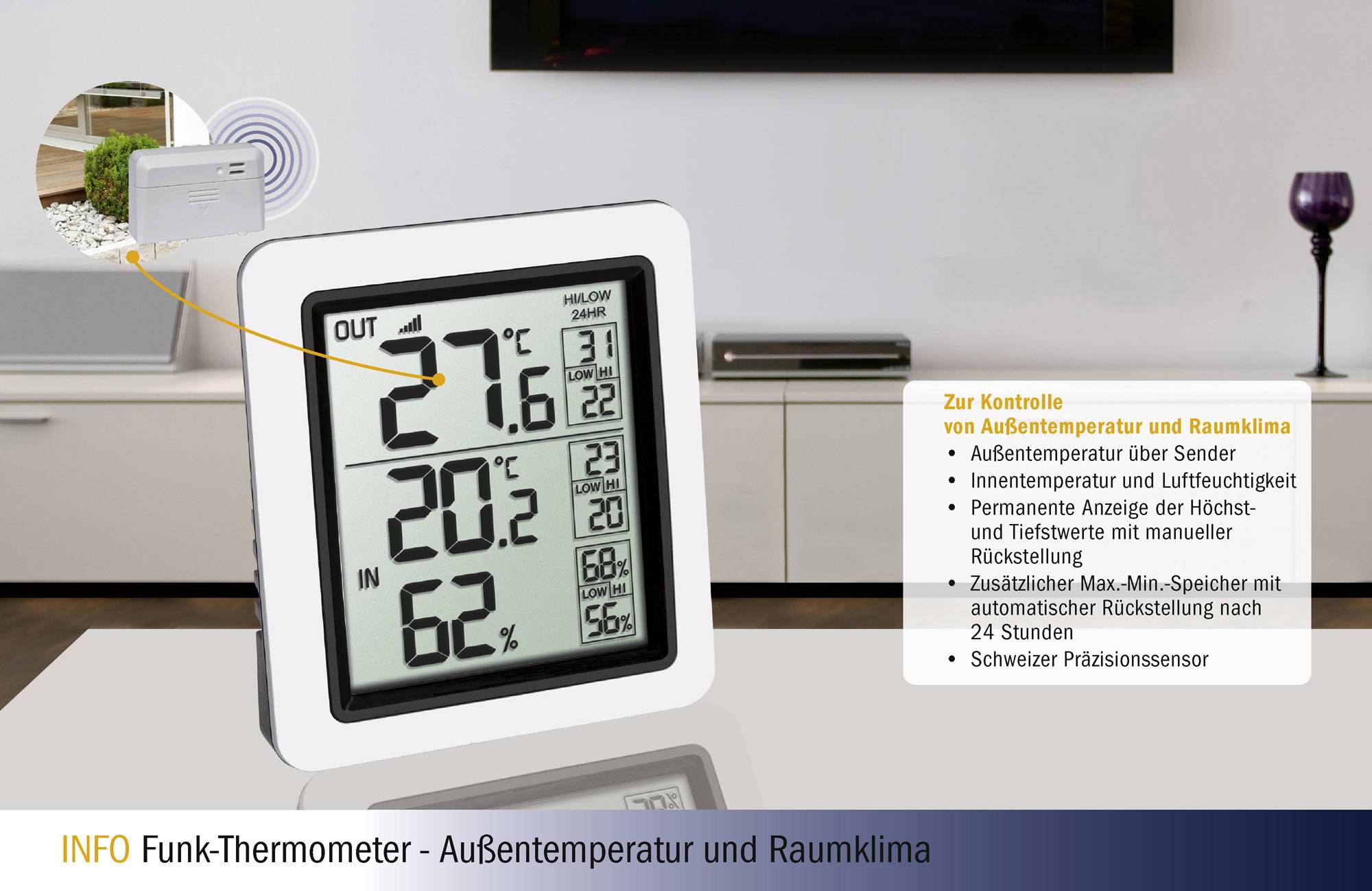 'Wireless Thermometer' displays room and outdoor temperature, humidity. Right side: List of functions on wooden background.