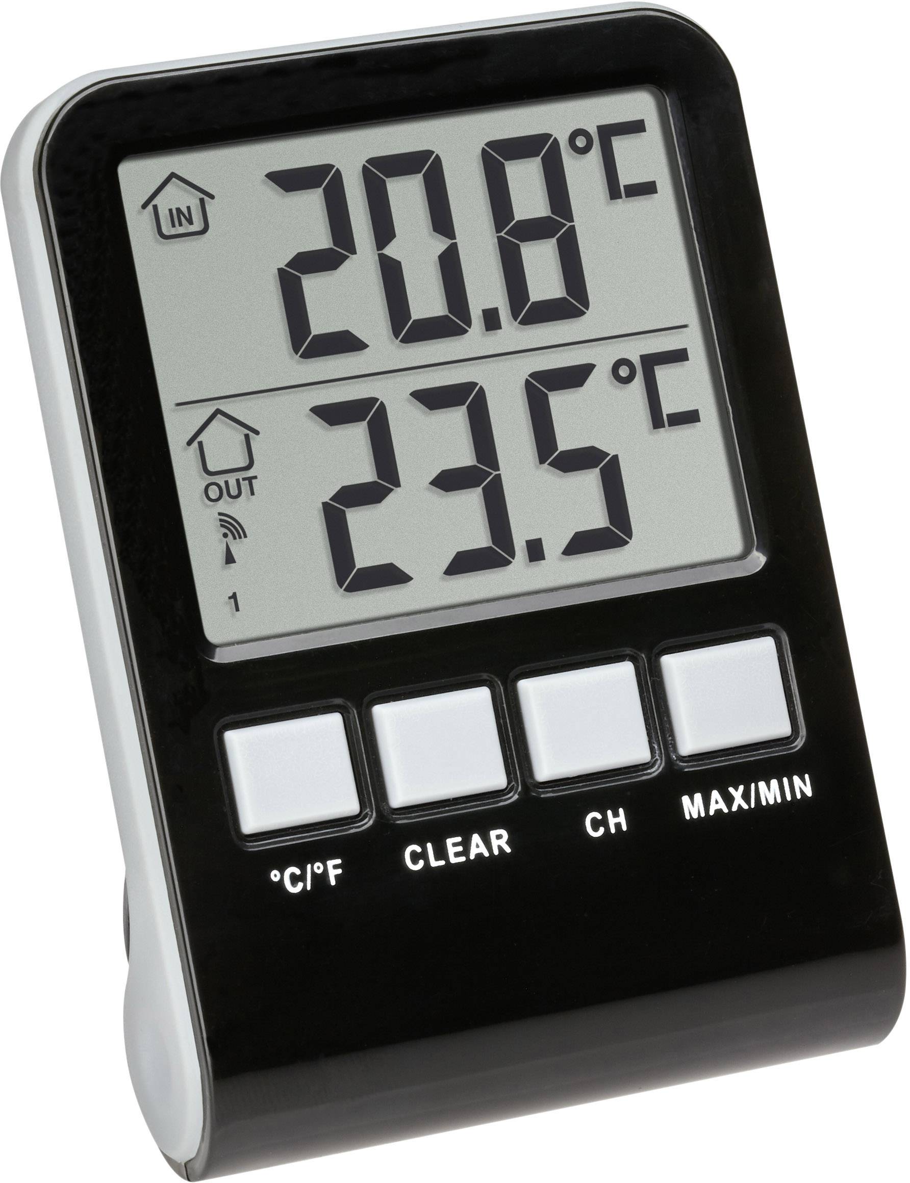 A digital thermometer displays 'IN' 20.8°C and 'OUT' 23.5°C. There are buttons for °C/°F, CLEAR, CH, and MAX/MIN.