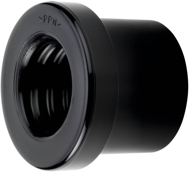 Black plastic pipe fitting adapter with threaded inner opening and flanged front, isolated on white background.